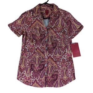212 Collection Button Up Blouse Womens Extra Small Purple Paisley Stretch Casual